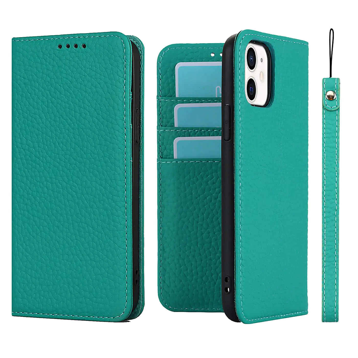 iCoverCase Compatible with iPhone 11 Wallet Case with Credit Card Holder and Wrist Strap RFID Blocking Genuine Leather Flip Magnetic Phone Cover 6.1 Inch (Blue-Green)